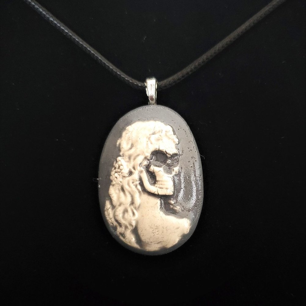 Handmade Ceramic Grey Skull Cameo Pendant Necklace